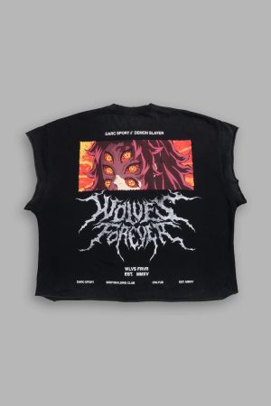 Upper Moon 1 Distressed Grunge Cut-Off Mid-Length Raw Hem Tee in Black