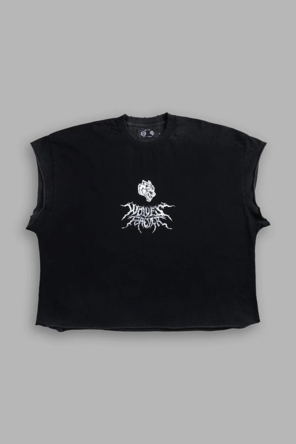 Upper Moon 1 Distressed Grunge Cut-Off Mid-Length Raw Hem Tee in Black